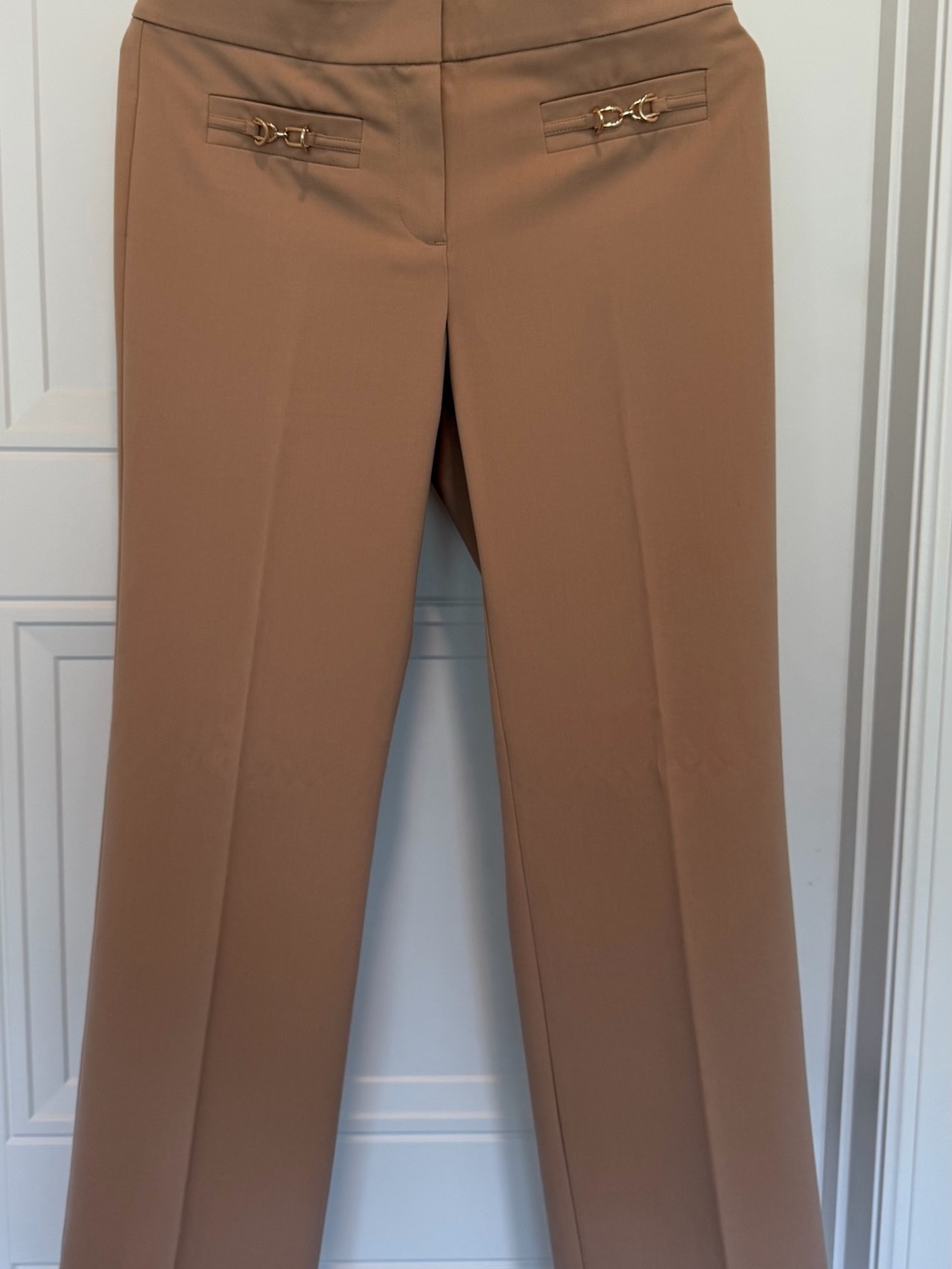 Ann Taylor Camel Straight-Leg Dress Trousers with Gold Hardware